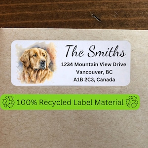Étiquettes d’adresse de retour de chien Golden Retriever personnalisées auto-adhésives, style de peinture aquarelle, matériau d’étiquette 100 % recyclé, chiens, chiot