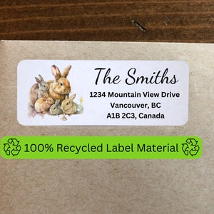 Étiquettes d’adresse de retour personnalisées auto-adhésives de la famille des lapins, style de peinture à l’eau, matériau d’étiquette 100 % recyclé, lapins mignons, nature
