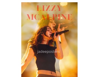 May include: Lizzy McAlpine, a singer, performs on stage with a microphone in front of a bright yellow background. The text "Lizzy McAlpine" is written in red at the top of the image. The text "jadeeposters" is written in black at the bottom of the image.