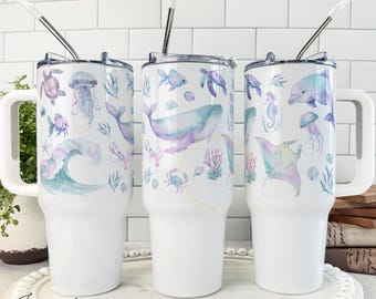 Ocean Animal 40oz Tumbler, Cute Summertime Sea Animal Beach Day Cup, Marine Wildlife Tumbler, Sea Life Ocean Lover Gift