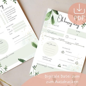 Könnte beinhalten: Eine druckbare Checkliste mit grünem Aquarellhintergrund und goldenem Glitzer. Die Checkliste trägt den Titel "Oh happy day" und enthält Abschnitte für "Unsere Geschichte", "Der große Tag" und "Unsere Zukunft".