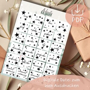 May include: Printable Advent calendar with 24 black star stickers featuring the numbers one through twenty-four in German. The stickers are on a white background with a light blue border. The text "Adventskalender" is at the top of the page. The text "Digitale Datei zum Ausdrucken" is at the bottom of the page.