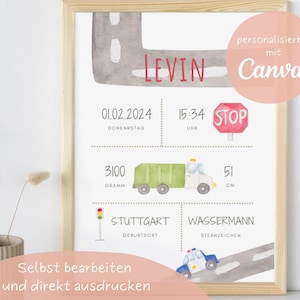 Cartel de nacimiento individual COCHES | Plantilla de Canva | personalizable | Nacimiento | Regalo | Bebé | fechas de nacimiento