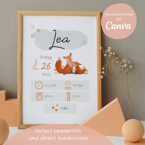 Póster de nacimiento personalizado de zorro | Plantilla de Canva | Personalizable | Nacimiento | Regalo | Bebé | Detalles del nacimiento
