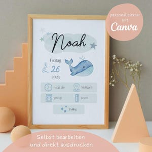Individuelles Geburtsposter WAL | Canva-Vorlage| personalisierbar | Geburt | Geschenk | Baby | Geburtsdaten