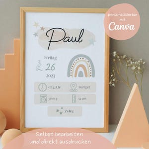 Cartel de nacimiento individual ARCOÍRIS | Plantilla de Canva| personalizable | Nacimiento | Regalo | Bebé | Fechas de nacimiento