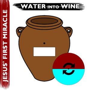 May include: A brown clay jug with a white label and a red and blue circle with arrows symbolizing the transformation of water into wine. The text "WATER into WINE" is at the top of the image. The text "JESUS' FIRST MIRACLE" is on the left side of the image.