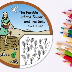 Puede incluir: Ilustración colorida de "La parábola del sembrador y los suelos" con un hombre sembrando semillas, una paloma y trigo. La imagen está acompañada de un juego de lápices de colores en varios colores.