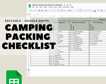 Lista di controllo per l'imballaggio del campeggio / Lista per il campeggio su Google Sheets / Planner per il campeggio stampabile e digitale