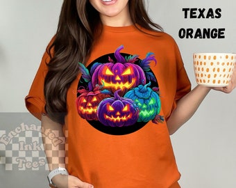 Sudadera unisex de Halloween de neón, camiseta vintage de Halloween, sudadera de neón, camisa de calabaza, camiseta de calabazas espeluznantes, camisa de calabaza aterradora