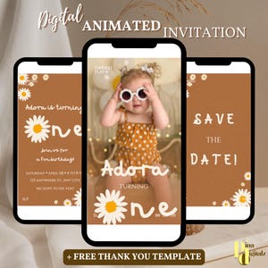 May include: Digital animated invitation for a first birthday party with a brown and white daisy theme. The invitation features a photo of a baby girl wearing sunglasses and a yellow and brown dress. The text on the invitation reads "Adora is turning one" and "Save the Date!"