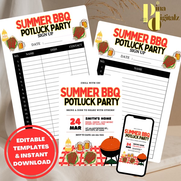 EDITABLE Summer BBQ Potluck Invitation Summer Barbecue Potluck Invite Potluck Sign Up Sheet Printable Potluck Sign Up Sheet Template Potluck