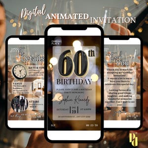 60th Birthday Party Invitation, Digital 60th Glam Dinner Invite Template, Video Editable Brunch Itinerary, Wine Toast 60th Birthday Party
