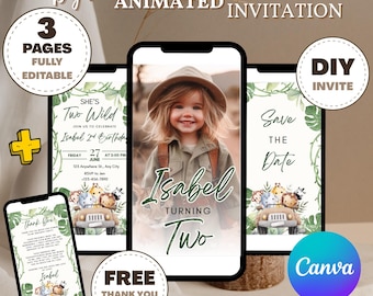 Editable Safari Birthday Invitation, Girl Two Wild Invitation, Jungle Animals Invitation, 2nd Birthday Invitation