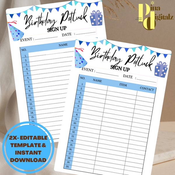 EDITABLE Potluck Sign Up Sheet Birthday Potluck Sign Up Sheet Template Birthday Potluck  Sign Up Sheet Printable Potluck Sign up Printable