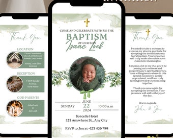 Electronic Baptism Invitation Template Greenery Baptism Invite Christening Evite Digital Baptism Invitation Baptism Phone Invite BAP0028