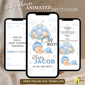 Digital Baby Boy Shower Invitation Template, Electronic Bear Baby Shower Evite, Blue Balloon Baby Shower Party Invitation BS0012