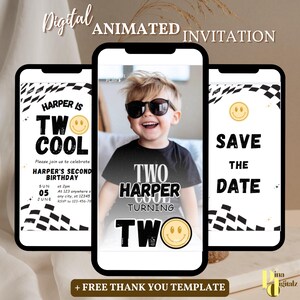 May include: Digital animated birthday invitation featuring a smiling child wearing sunglasses. The invitation includes the text "HARPER IS TWO COOL" and "SAVE THE DATE" on smartphone screens. A free thank you template is also included.