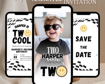 May include: Digital animated birthday invitation featuring a smiling child wearing sunglasses. The invitation includes the text "HARPER IS TWO COOL" and "SAVE THE DATE" on smartphone screens. A free thank you template is also included.