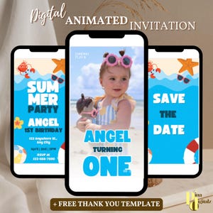 Puede incluir: Una invitación animada digital para una fiesta de verano. La invitación presenta una foto de una niña pequeña con gafas de sol y una camisa a rayas. El texto de la invitación dice "Summer Party", "Angel", "1st Birthday", "Turning One", y "Save the Date".