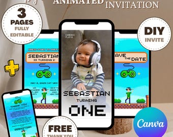 Faire-part de fête d'anniversaire jeu vidéo, passer un niveau supérieur, invitation à une fête d'arcade, invitation néon phosphorescent, gamer vidéo phosphorescent, toile modifiable