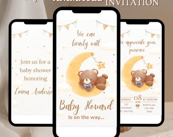 May include: A digital animated invitation for a baby shower. The invitation features a cartoon bear sleeping on a crescent moon with stars. The text on the invitation reads "We can barely wait" and "Baby Howard is on the way..."
