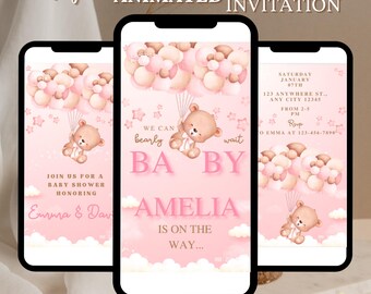 Baby Shower Invitation Stars Modern, Boho Teddy Bear Girls Baby Shower Invitation Template, Editable Canva Download BS0001