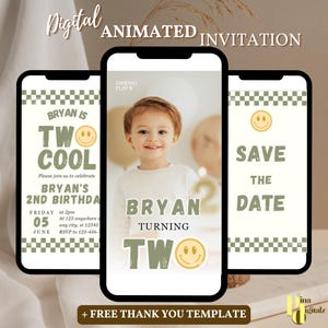 Editable Two Cool Birthday Invitation Template, Retro 2nd Birthday Invite, Retro Two cool Smiley face birthday invite