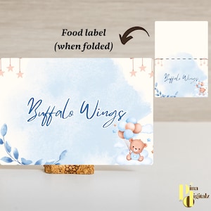 Baptism Digital Food Label Template Blue Bear Baptism Digital Tent Card Christening Food Labels Canva Template Digital Download BAP0036