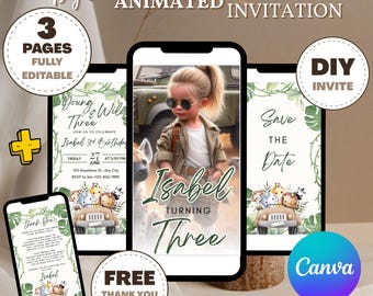 EDITABLE Young Wild And Three Birthday Invitation Three Years Old Safari Birthday Safari Invitation Wild Child Birthday Girl