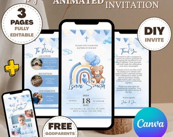Modern Baptism Invitation Template Boy Baptism Invitation Phone Blue Watercolor Boys Gold Baptism Evite Digital Invite Christening BAP0018