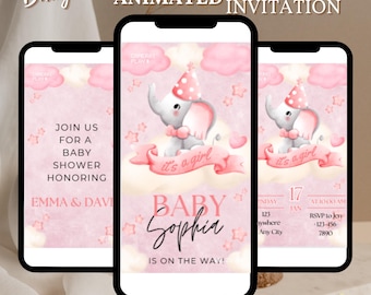 May include: A pink and white animated baby shower invitation with a cartoon elephant wearing a party hat and a pink ribbon that says "it's a girl". The text "Baby Sophia is on the way!" is at the bottom of the invitation.
