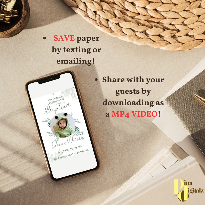 May include: A digital invitation for a baptism with a green frog illustration and a photo of a baby. The invitation includes the text "Join us as we celebrate the Baptism" and "Isaac Faith 08 June, 10:00 AM RSVP to Shane at 123-456-7890". The text "Save paper by texting or emailing!" and "Share with your guests by downloading as a MP4 VIDEO!" is also included.