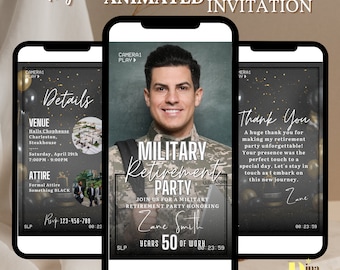 May include: A digital animated invitation for a military retirement party honoring Zane Smith. The invitation features a photo of Zane in his military uniform, a black background with gold accents, and the text "Military Retirement Party" and "Join us for a military retirement party honoring Zane Smith, 50 years of work".