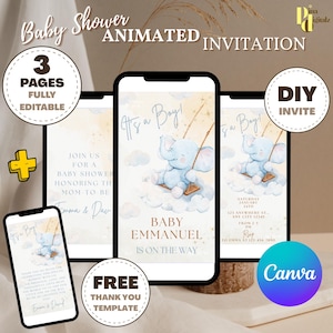 Editable Elephant Baby Shower Invitation, Blue Balloon Baby Shower Invite, Baby Boy Elephant Invitation Safari Editable Template BS0031