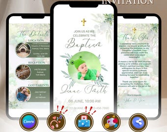 Baptism Invitation Template Electronic Greenery Baptism Invite Christening Evite Digital Baptismal Invitation Baptism Phone Canva BAP0006