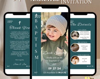 May include: A teal blue animated invitation for a baptism. The invitation features a photo of a baby boy in a beige knitted hat, the text "Baptism", and the baby's name "Zach Smith". The invitation also includes the date "09 27 24" and the location of the baptism.