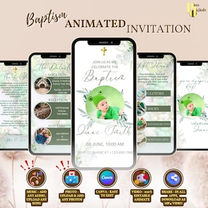 Electronic Baptism Invitation Template Greenery Baptism Invite Christening Evite Digital Baptism Invitation Baptism Phone Invite BAP0006