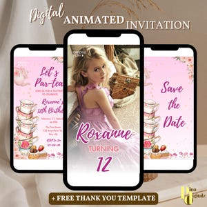 Tea Party Invitation, Editable Whimsical Tea Birthday Animated Invitation, Pink & Gold Par-tea Digital Invitation Video, High Tea Floral