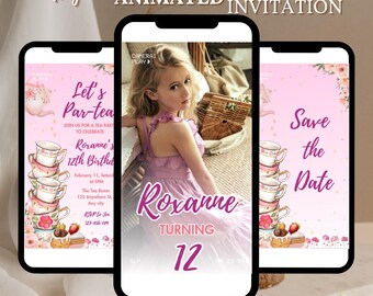 Tea Party Invitation, Editable Whimsical Tea Birthday Animated Invitation, Pink & Gold Par-tea Digital Invitation Video, High Tea Floral