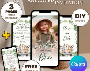Editable Safari Birthday Invitation. Wild One Birthday Evite with Photo. Safari 1st Birthday Electronic Invite. Jungle Birthday. 1st First.