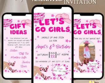 Plantilla de invitación a fiesta de cumpleaños de vaquera rosa, fiesta de vaquera disco rosa, cumpleaños de rodeo, fiesta de cumpleaños de niña, vamos chicas, cualquier edad
