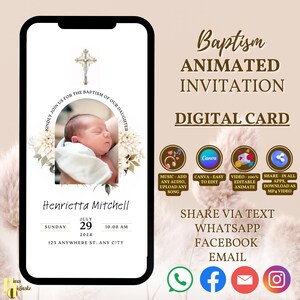 May include: A digital invitation card for a baby baptism. The card features a photo of a baby in a white blanket, a cross, and floral accents. The text on the card reads "Kindly join us for the baptism of our daughter Henrietta Mitchell, Sunday, July 29, 2024, 10:00 AM, 123 Anywhere St. Any City". The card also includes icons for adding music, editing in Canva, animating the video, and sharing in all apps.