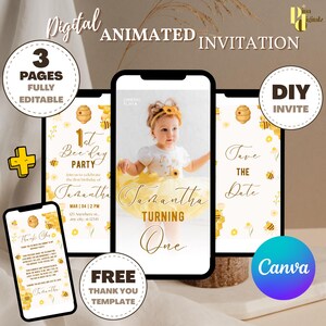 First Bee Day Video Invitation, Bee First Birthday Animated Invite, Bee Theme Birthday Video, Custom Animated Bee Birthday, Cute Bee Digital