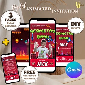 Kids Birthday Video Invitation Geometry Dash Invitation Template | Personalise & Edit | Canva Instant Download I Geometry Dash Birthday 0002