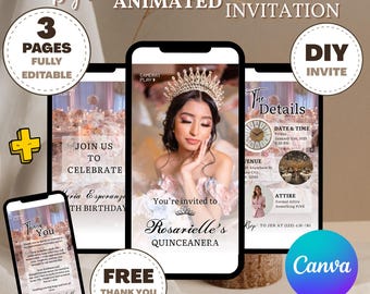 Invitación en video para quinceañeras, quinceañera en Canva, invitación para quinceañeras, video personalizado de Evite, invitación animada, dulce cumpleaños número 15 QUIN0014