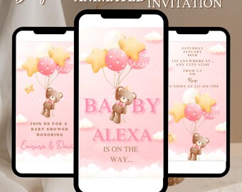 Modèle numérique d'invitation pour baby shower, baby shower électronique ours, faire-part de baby shower ballon rose BS0007