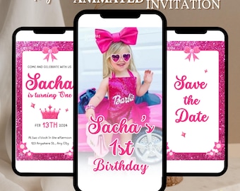 Fashion Doll Invite Birthday Video, Pink Doll Birthday Video Invitation, Pink Sparkle Animated Invite, Doll Theme Party, Pink Glitter Invite