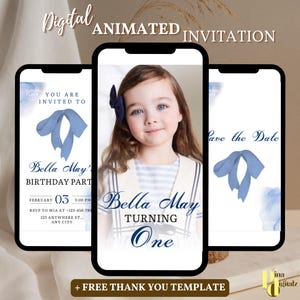 Bow 1st Birthday Invitation Template Editable Coquette Pink Girly Bow First Birthday Party Invite DIY - Blue Bow