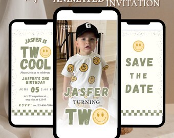 May include: Digital animated invitation for a second birthday. The invitation features a photo of a child wearing a shirt with smiley faces. The text includes "Jasfer is Two Cool" and "Save the Date."
